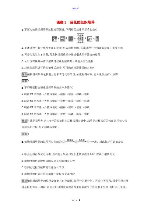 高中生物 专题3 课题1 菊花的组织培养习题(含解析)新人教版选修1-新人教版高中选修1生物试题
