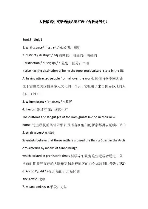 高中人教版英语选修八词汇表(含教材例句)
