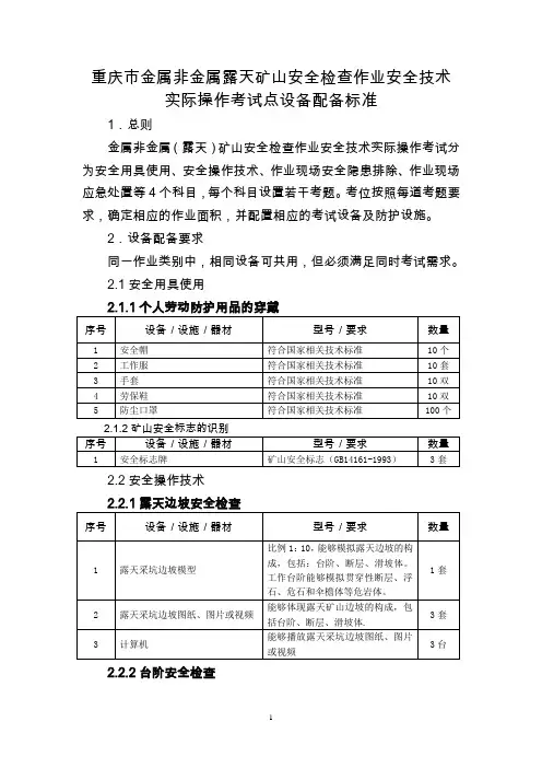 金属非金属(露天)矿山安全检查作业安全技术实际操作考试点设备配备标准