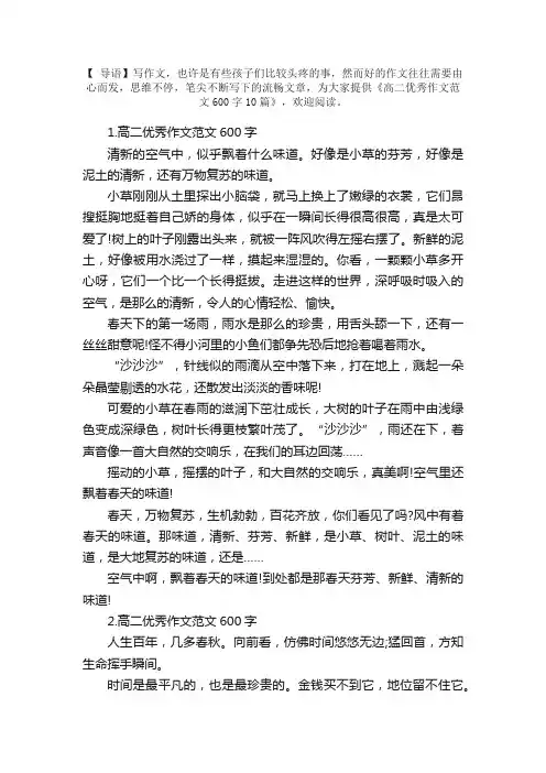 高二优秀作文范文600字10篇