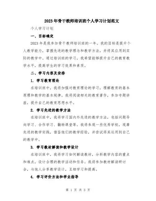 2023年骨干教师培训班个人学习计划范文