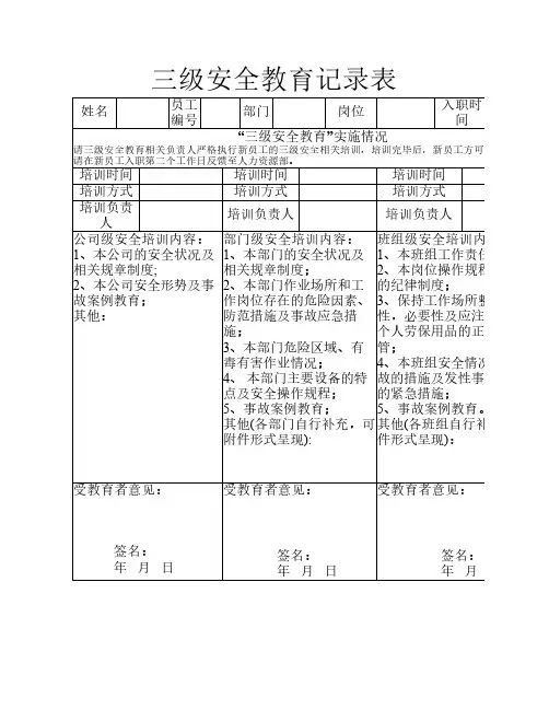 三级安全教育记录表