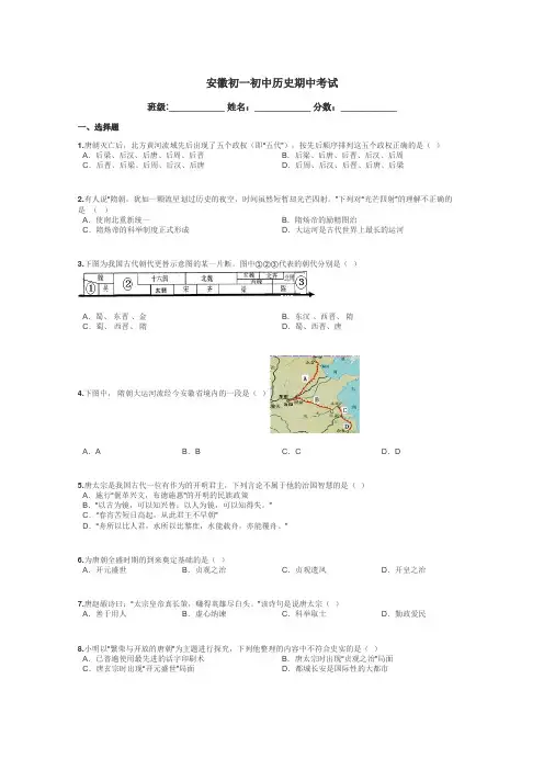安徽初一初中历史期中考试带答案解析
