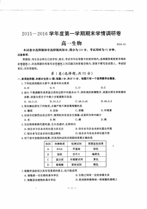 南京市2015-2016学年度第一学期期末学情调研卷