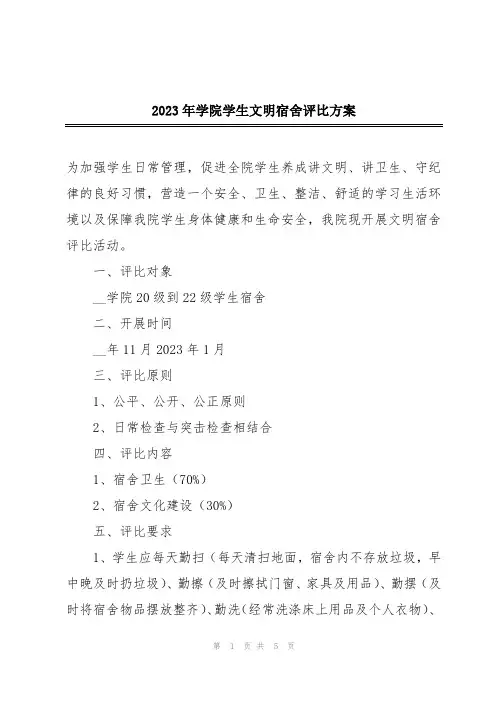 2023年学院学生文明宿舍评比方案