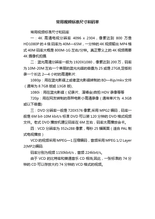 常用视频标准尺寸和码率