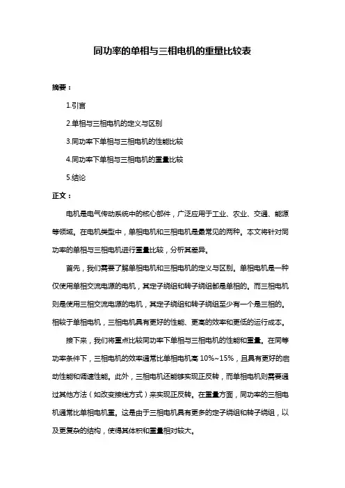 同功率的单相与三相电机的重量比较表