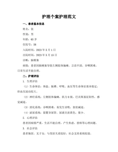护理个案护理范文
