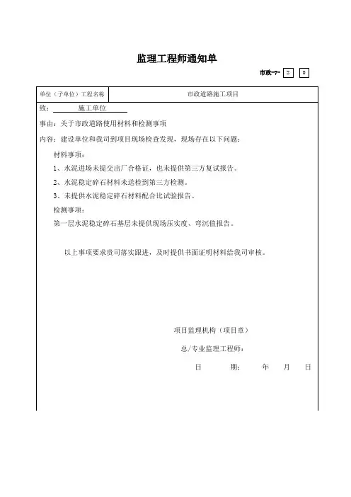 监理工程师通知单(关于市政道路使用材料和检测事项)