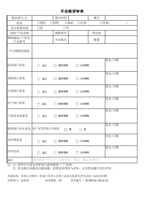不合格评审单