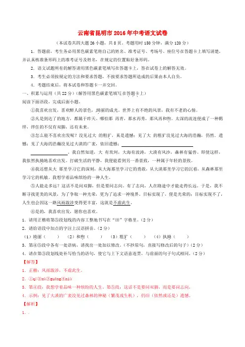 云南省昆明市2016年中考语文真题(含解析)