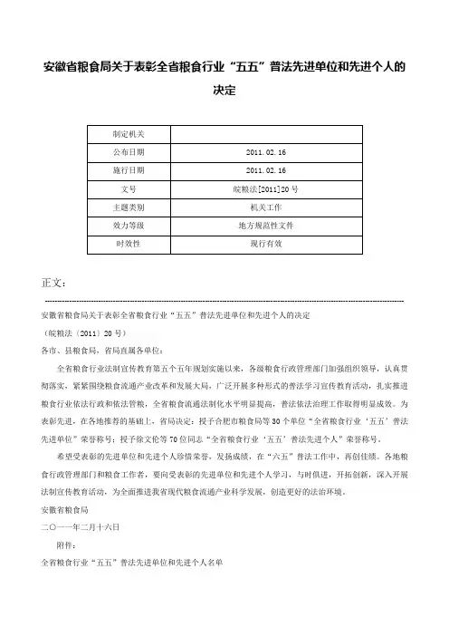 安徽省粮食局关于表彰全省粮食行业“五五”普法先进单位和先进个人的决定-皖粮法[2011]20号