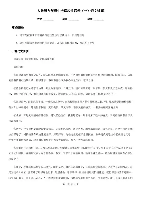 人教版九年级中考适应性联考(一)语文试题