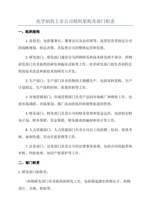 化学制药上市公司组织架构及部门职责