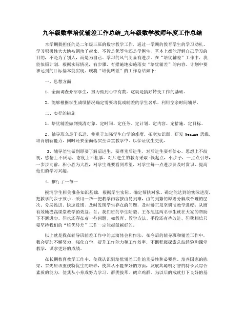 九年级数学培优辅差工作总结_九年级数学教师年度工作总结