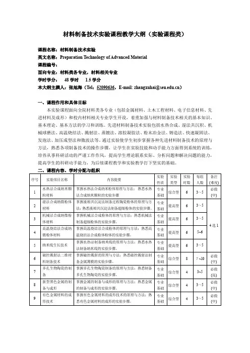 材料制备技术实验课程教学大纲(实验课程类)
