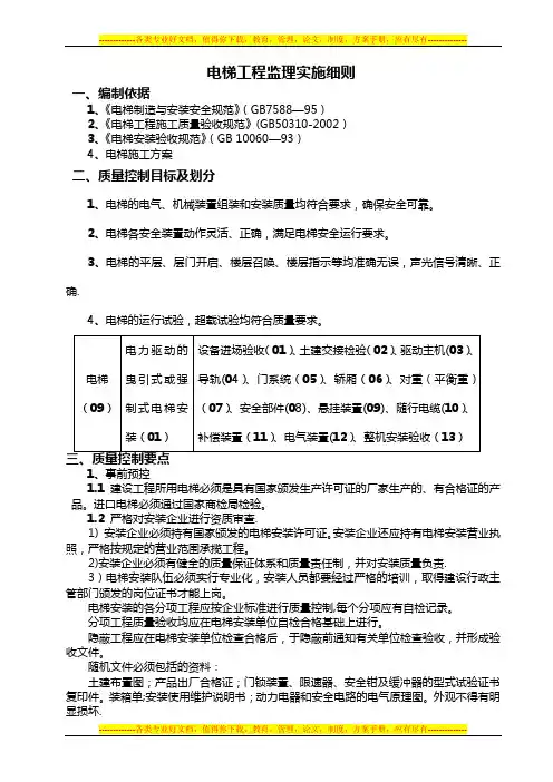 电梯工程施工质量监理细则