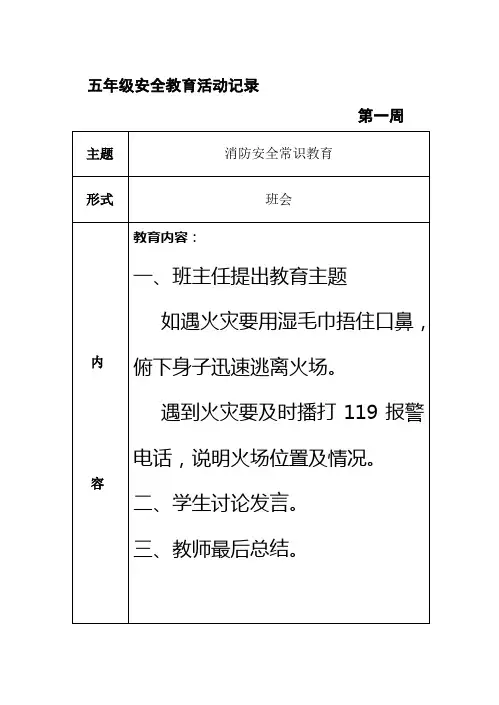 班级安全教育活动记录 五年级