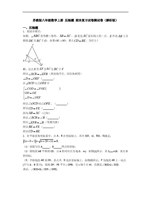 苏教版八年级数学上册 压轴题 期末复习试卷测试卷(解析版)