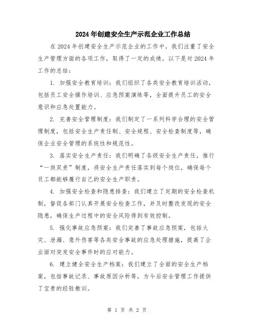 2024年创建安全生产示范企业工作总结