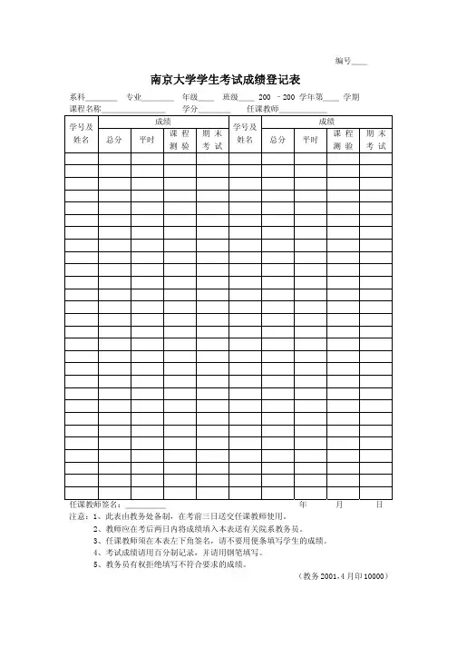 南京大学 学生考试成绩登记表