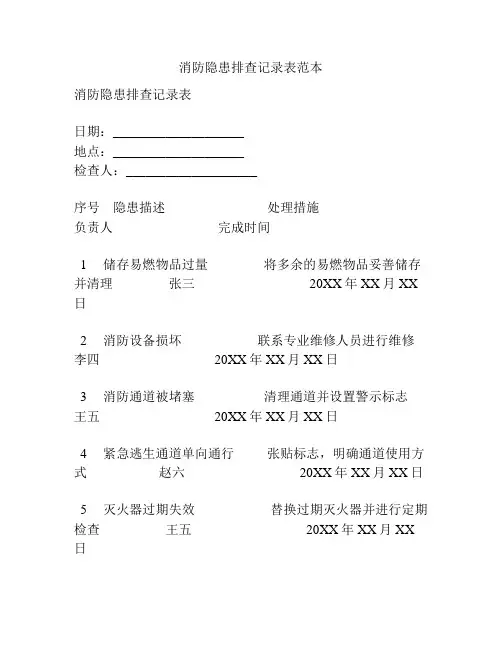 消防隐患排查记录表范本