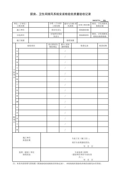 厨房、卫生间排风系统安装检验批质量验收记录