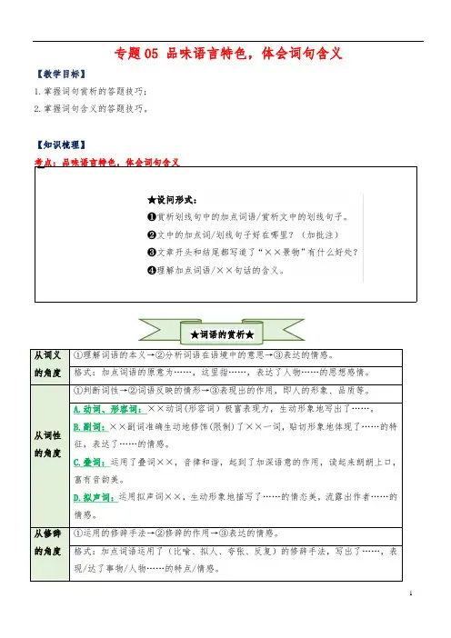 专题05   品味语言特色,体会词句含义(知识梳理+例题精练)(原卷版)