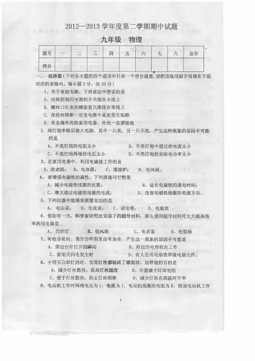 九年级物理2012-2013第二学期期中试卷