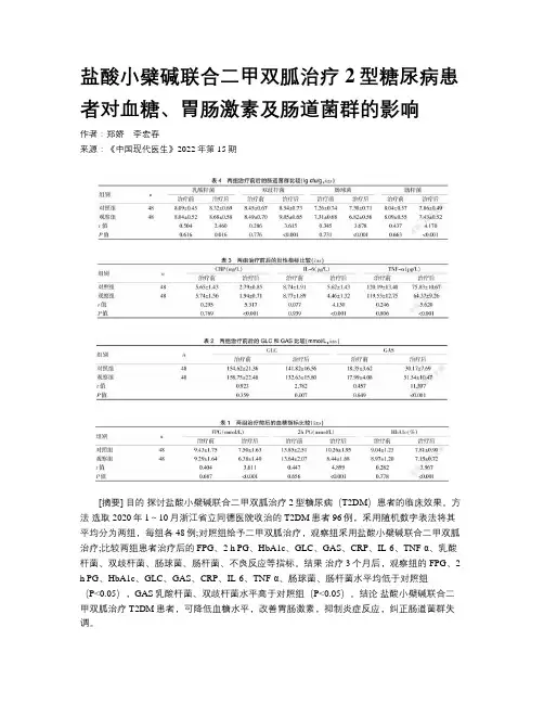 盐酸小檗碱联合二甲双胍治疗2型糖尿病患者对血糖、胃肠激素及肠道菌群的影响