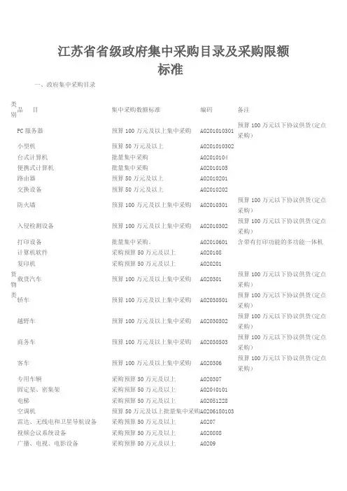 江苏省省级政府集中采购目录及采购限额标准