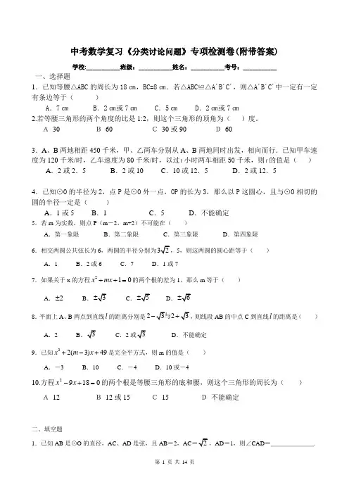 中考数学复习《分类讨论问题》专项检测卷(附带答案)