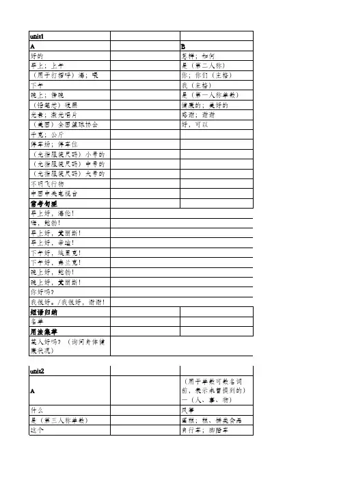 鲁教版六年级英语上册单词短语句型默写表