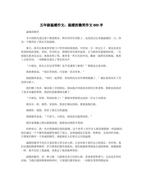 五年级温暖作文：温暖的微笑作文800字