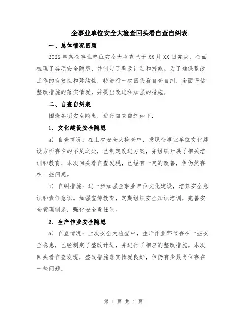 企事业单位安全大检查回头看自查自纠表