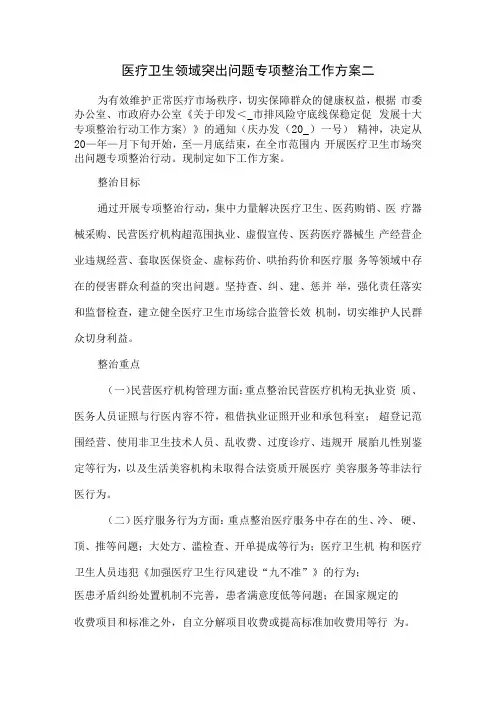医疗卫生领域突出问题专项整治工作方案二