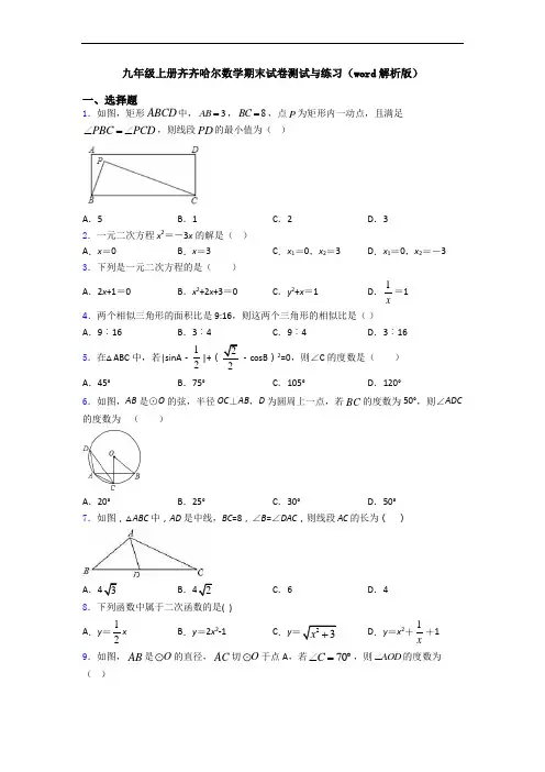 九年级上册齐齐哈尔数学期末试卷测试与练习(word解析版)