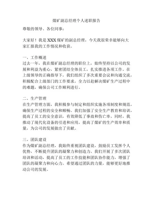 煤矿副总经理个人述职报告