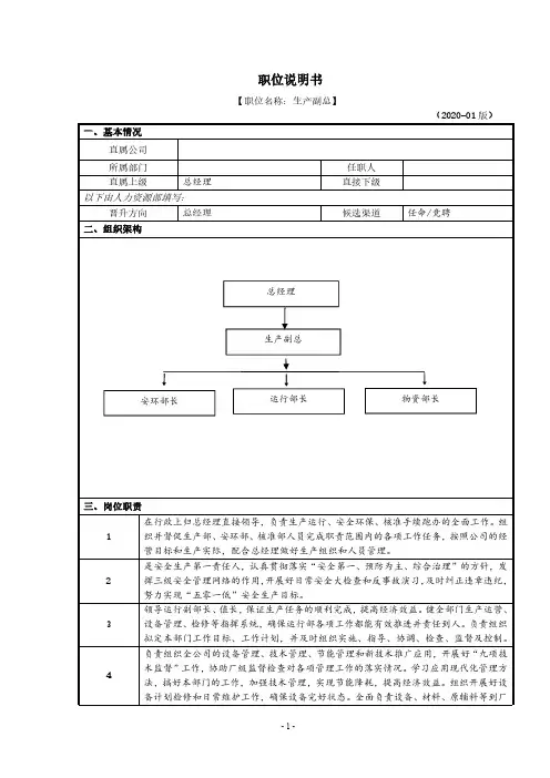 电厂生产副总岗位说明书