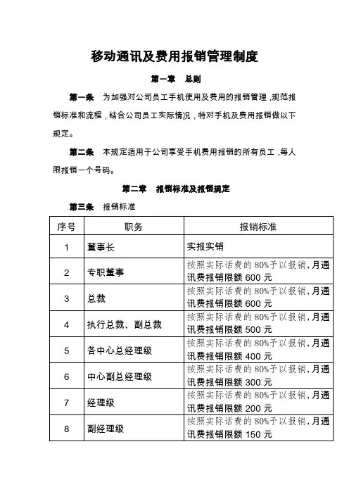 移动通讯及费用报销管理制度模版