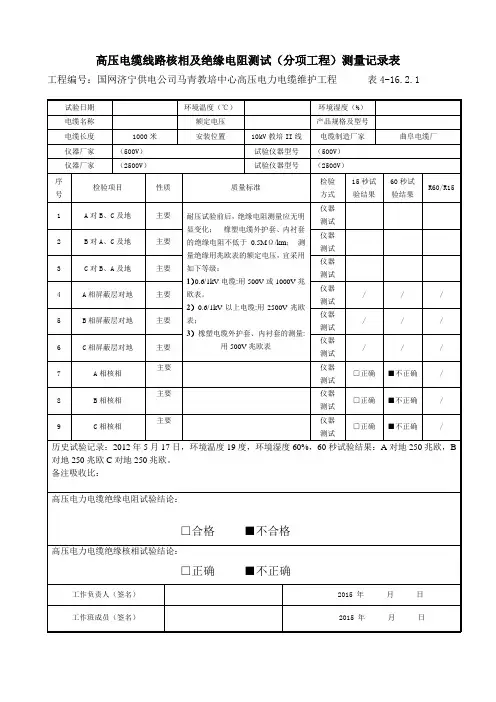 高压电缆线路核相及绝缘电阻测试(分项工程)测量记录表