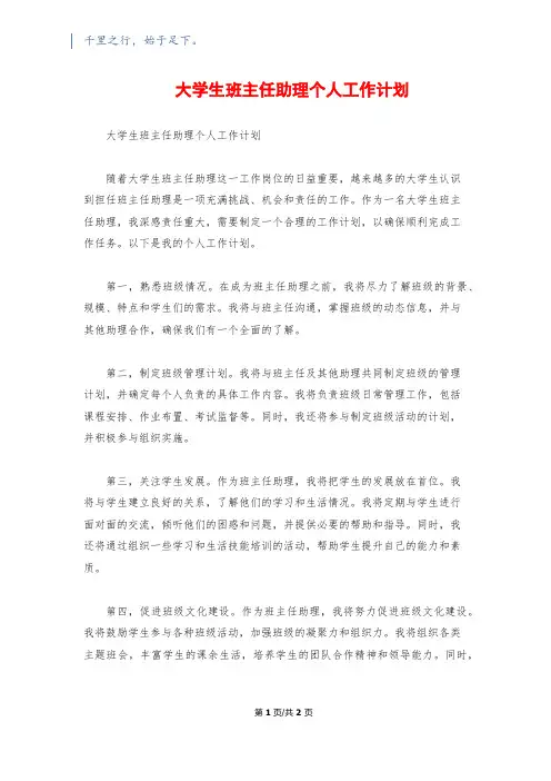 大学生班主任助理个人工作计划