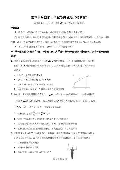 高三上学期期中考试物理试卷(带答案)
