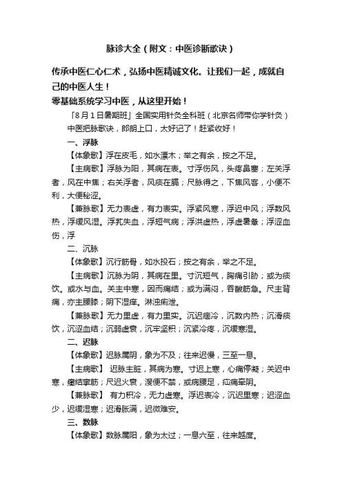 脉诊大全（附文：中医诊断歌诀）