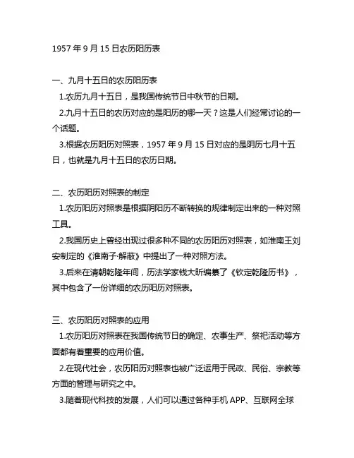 1957年9月15日农历阳历表