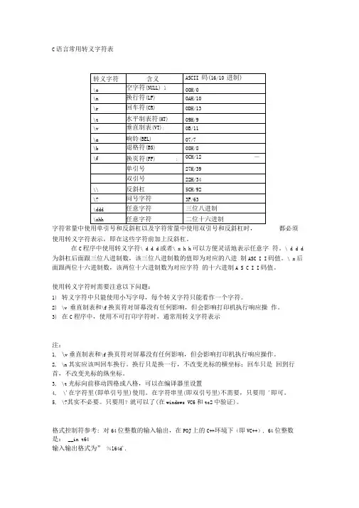 C语言常用转义字符表