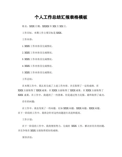 个人工作总结汇报表格模板