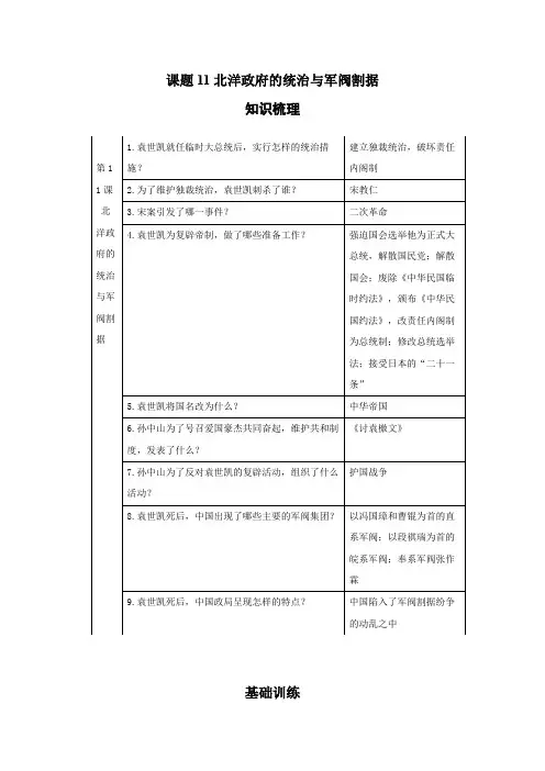 八年级上册历史突破训练知识点专题(部编版)课题11北洋政府的统治与军阀割据(解析版)