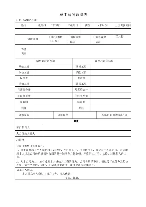 员工薪酬调整表