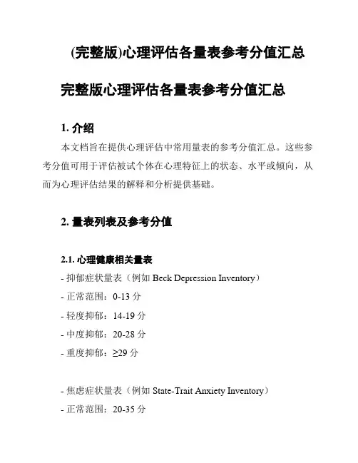 (完整版)心理评估各量表参考分值汇总